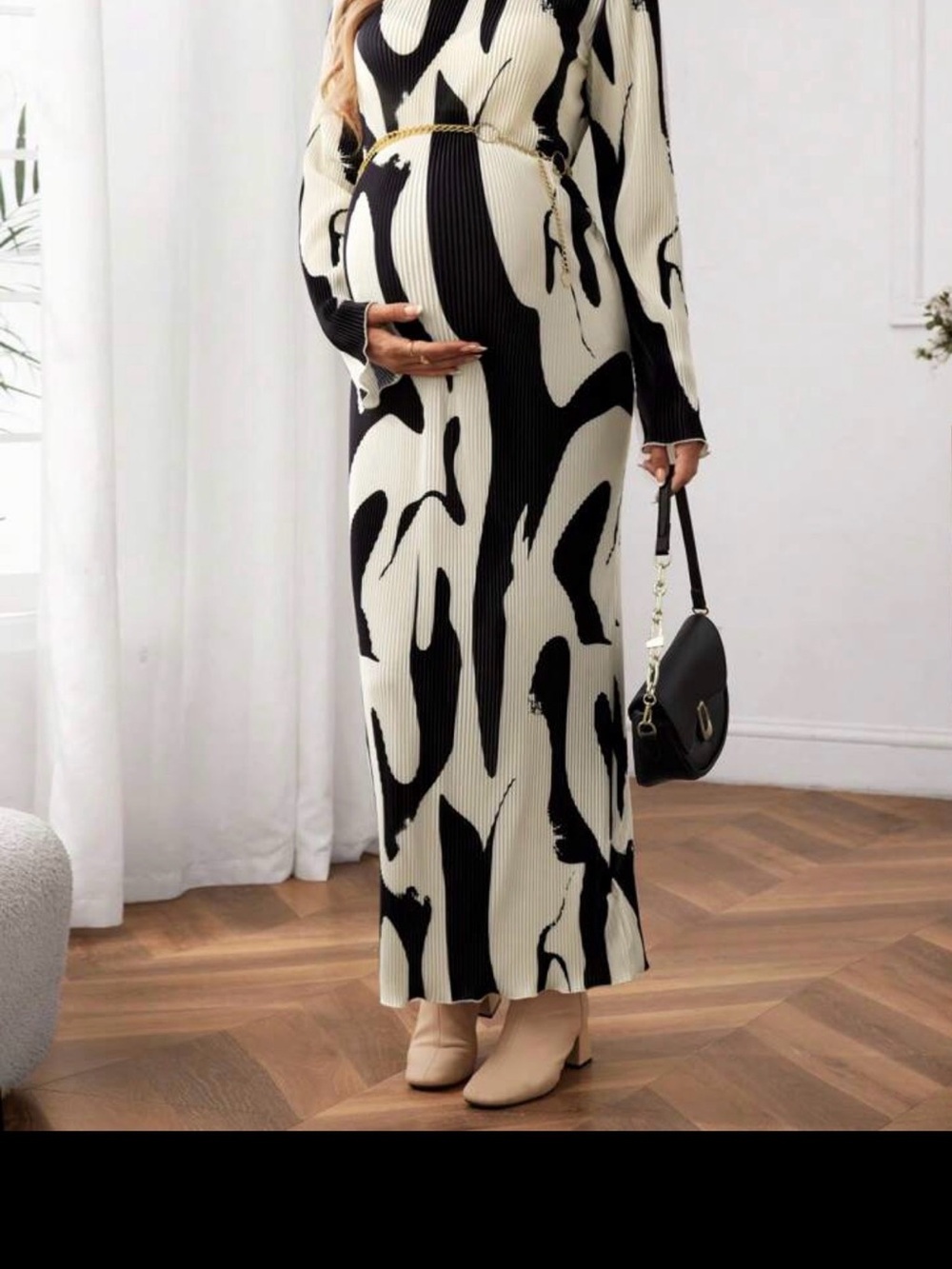 SHEIN Black & White Pleated Abstract Midi Dress - Picture 4 of 5